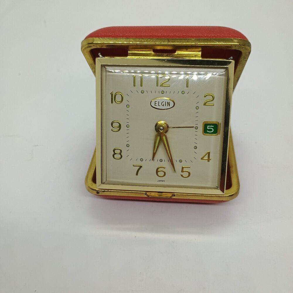 Vintage Elgin Folding Wind Up Travel Alarm Clock Red Glow In Dark MCM Date Works
